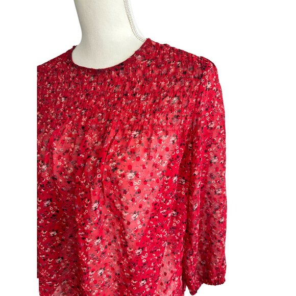 LUCKY BRAND Red Floral 3/4 Sleeve Sheer Blouse Size XS - Picture 4 of 7